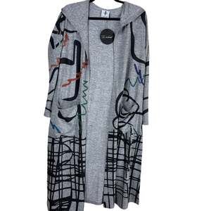NWT Inoah Gray Multicolor Geometric Art To Wear Hooded Duster Cardigan Size XS
